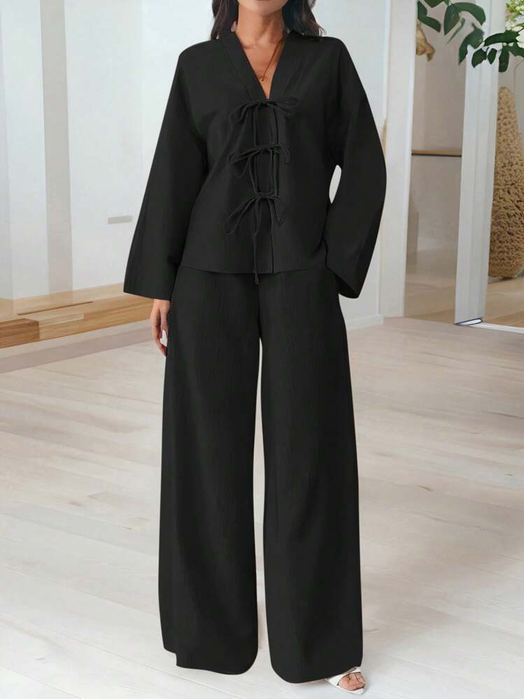 Firerie 2pcs Women's Casual Elegant Vacation Fashion Front Tie Loose Blouse And High Waisted Elastic Loose Pants Set | SHEIN USA