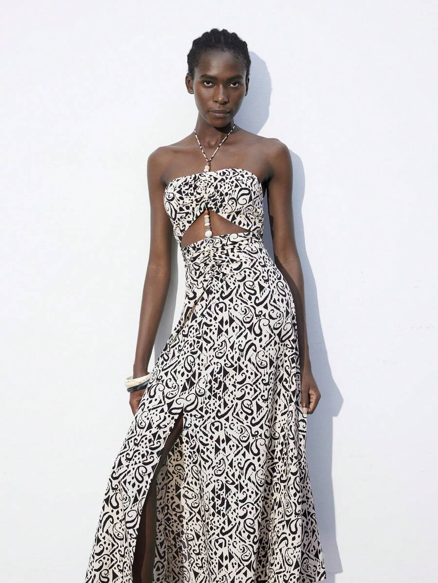 Maija Váy in hoa nhiều màu cho nữ, Trang phục giáo viên, Phong cách Hawaii thập niên 70, Trang trí in họa tiết, Mặt dây chuyền hạt cườm màu trắng và cà phê, Váy xòe khoét eo, Trang phục đi nghỉ cho nữ - màu đen - Xem 1