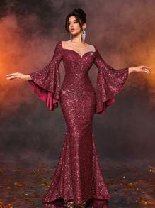 Glamrae Vestido de Festa Longo para Convidados de Casamento, Formatura, com Mangas Exageradas Flare, Gola Barco, Bainha em Cauda de Sereia, Bordô Elegante e Luxuoso, Brilho Exagerado - Vinho - Visão 1