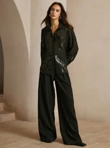 Anewsta 法式优雅玫瑰串珠刺绣半透明女式衬衫，长袖上衣 - 黑色 - 查看 4