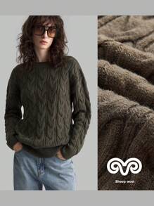 Ontre Jersey de cuello redondo de punto trenzado de color verde oliva para mujer, uniforme escolar de otoño/invierno - Verde Oliva - Ver 2