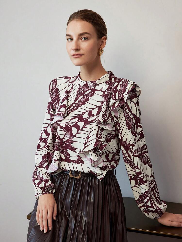 ALLOVER PRINT MOCK NECK LANTERN SLEEVE RUFFLE TRIM BLOUSE