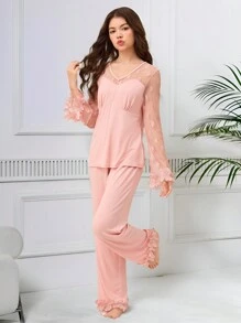 青少年女孩两件套睡衣套装，粉色简约时尚长袖上衣和裤子家居服 - 粉色 - 查看 10