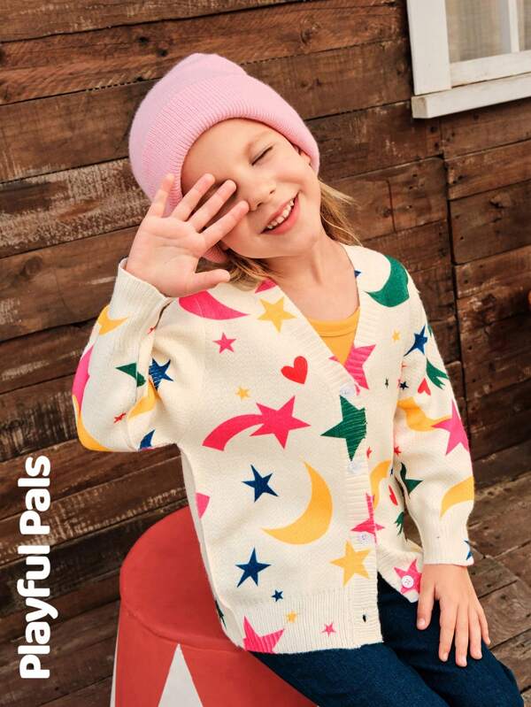 SHEIN 1 buc. Cardigan cu mânecă lungă pentru fetiță drăguță/epoca/casual/înapoi la școală cu stea/lună, potrivit pentru școală și activități în aer liber, primăvară/toamnă/iarnă