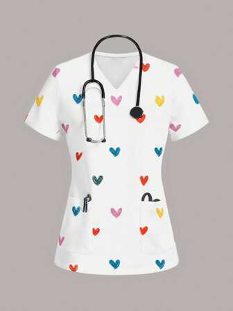 PopScrub Camicetta a V con scritte a cuore, in stile casual da lavoro a maniche corte, blusa da donna a V con pieghe, camicia da infermiera a V a maniche corte con 2 tasche, maglietta grafica morbida e stirabile con pieghe