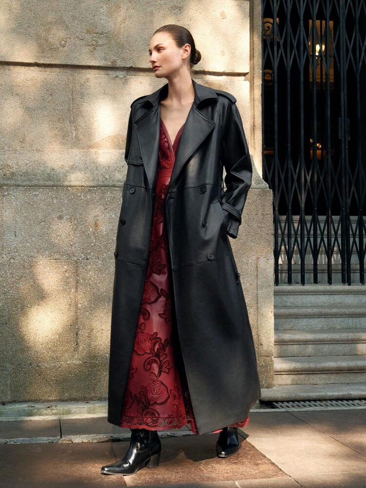 Women Black Epaulet Design Loose Fit Long Over-The-Knee Faux Leather Coat