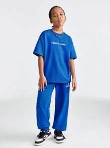 SHEIN Tween Girl Loose Fit Sports Round Neck Short Sleeve T-Shirt And Jogger Pants Set With Letter Print