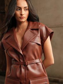 Anewsta Autumn Fashion Turndown Collar Leather Mid-Length Dress Maxi Women Outfit