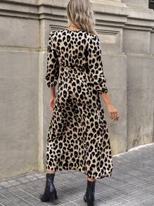 SHEIN Vestido de maternidad elegante de cuello en V, manga farol, estampado de leopardo para primavera y otoño