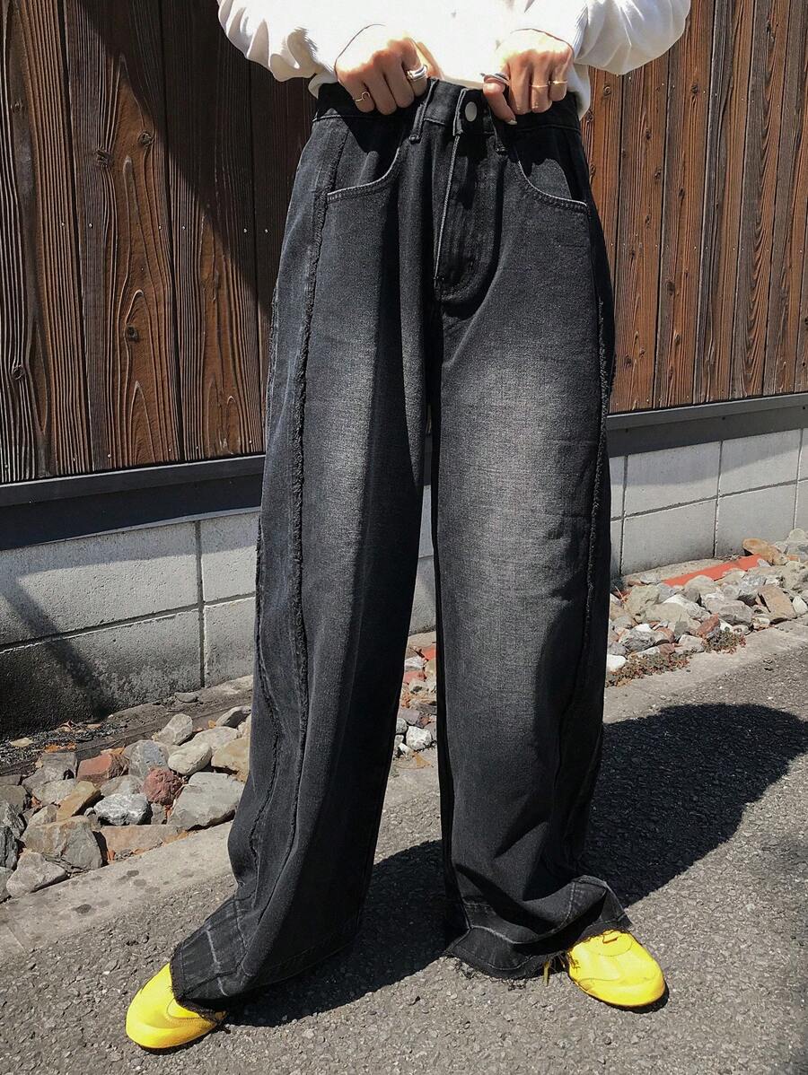 FRIFUL Jeans de mujer rectos y relajados de pierna ancha, lavados, para otoño, pantalones vaqueros holgados - Negro - Ver 1