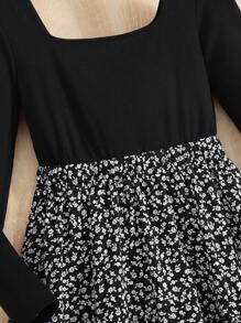 SHEIN Teen Girl's Black Ditsy Floral Knitted Vest Patchwork A-Line Vacation Casual Dress