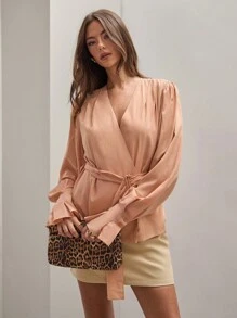 COSMINA COSMINA Autumn/Winter Women Elegant Lantern Long Sleeve Coral/Salmon Orange Business Casual Work Blouse With Belt For Daily Commute FAll