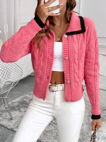 SHEIN LUNE Women Contrast Trim Front Button Long Sleeve Knitted Cardigan