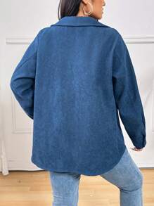 Calvaya Plus Size Women's Plain Color Long Sleeve Single-Breasted Casual Loose Jacket, Spring & Autumn - Navy Blue - View 2