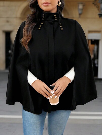 SHEIN LUNE Plus Size Women Stand Collar Cloak Sleeve Elegant Coat For Fall/Winter Autumn
