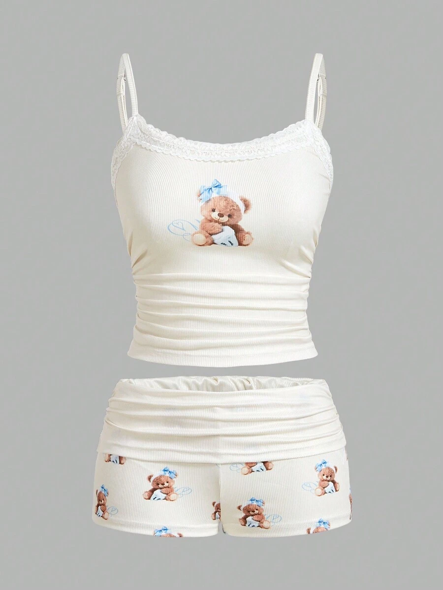 SHEIN PETITE Cartoon Graphic Print Lace Trim Cami Top & Shorts - Apricot - View 1