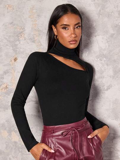 Glamine Suéter ajustado de unicolor con cuello de tortuga, manga larga y calado para mujer, otoño e invierno