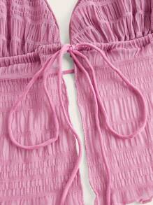 SHEIN ICON Solid Tie Backless Mesh Halter Top - Pink - View 3