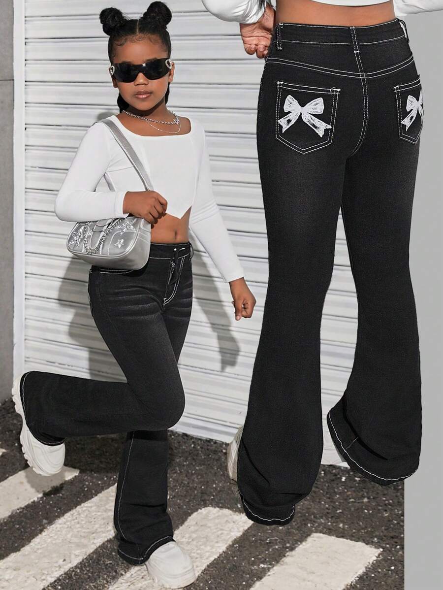 SHEIN Tween Girls Y2K Fashion Solid Washed Denim Flare Leg Jeans Pants With Bowknot Decorated Pockets, Girls Autumn Winter Clothes Back To School Outfits