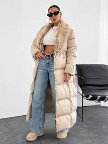 EURMUSE Women's Long Winter Jacket With Padding Details And Fox Scarf, Elegant And Make You Warm In Winter - Beige - View 4