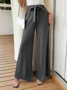 SHEIN Essnce Women's Casual Elastic Waist Bow Gray Waffle Knit Wide Leg Pants