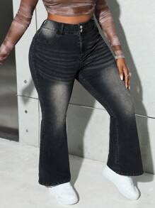 SHEIN SXY 大码女式牛仔裤性感蓝色紧身弹力喇叭牛仔裤冬季牛仔裤保暖牛仔布 - 深色水洗藍 - 查看 4