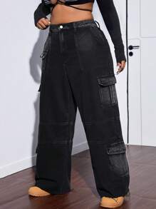 SHEIN ICON Plus Size Front Button Pocket Casual Denim Jeans - Black - View 4