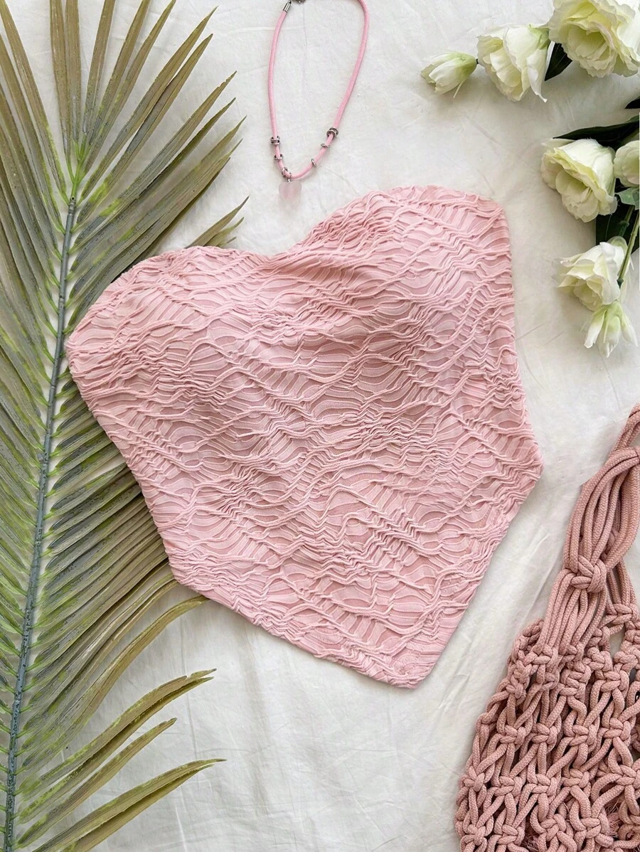 Soleia Parte superior de tubo con textura y bajo asimétrico de unicolor para mujer, verano - Rosa - Ver 1
