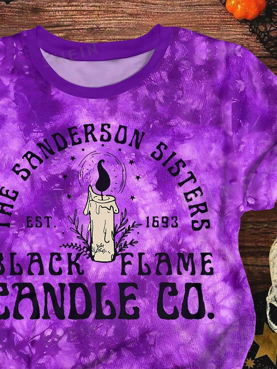 SHEIN LUNE Plus Size Women's Black Flame Candle Co. Print Short Sleeve