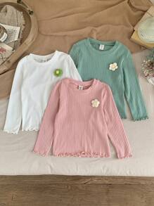 SHEIN LMoss Kids LMoss Young Girl 3 cái/bộ Áo phông cơ bản họa tiết hoa 3D cho bé gái và bé gái, Trang phục thường ngày mùa thu cho bé gái - Nhiều màu - Xem 2