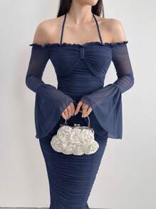 Modelyn Damen Einfarbiges Kleid mit Rüschen, Mesh-Kontrast und Halter-Langarm