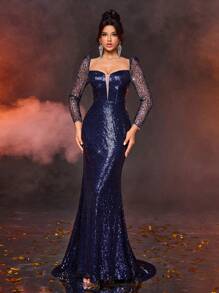 Glamrae Elegante y lujoso vestido de noche de cola de sirena con mangas largas transparentes y cuello en V con lentejuelas en azul marino, para boda, fiesta, festival, baile de graduación, evento formal y cena (con decoración resistente), vestido de gala, para invitados de boda - Azul - Ver 4