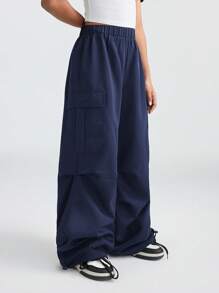 SHEIN 青少年女孩黑色裤子 返校服装 衣服 妈妈和我的 Kpop Y2k 宽腿格子工装裤 足球/排球感恩节万圣节服装圣诞节运动裤 春/秋/冬 - 藏蓝色 - 查看 4