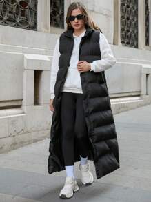 EURMUSE Women's Winter Solid Sleeveless Asymmetrical Pocket Zip Long Padded Coat - Black - View 7