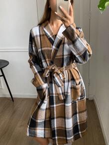 DAZY 女士格子印花翻领宽松长袖睡袍，春秋季睡衣 - 棕色 - 查看 6