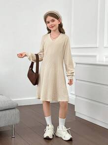 Tween Girls' Fitted Knit Cable V-Neck Sweater Dress