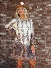 SHEIN LUNE Placement Print Round Neck Long Sleeve Plus Size Dress - Multicolor - View 3