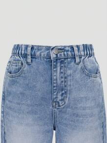 SHEIN Tween Girl 浅水洗蓝色简约百搭喇叭牛仔裤 - 中等水洗藍 - 查看 4