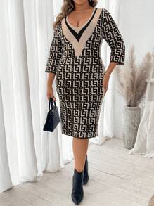 Flirla Plus Size Women Geometric Pattern V-Neck 3/4 Sleeve Fitted Elegant Knit Sweater Dress For Fall & Winter - Multicolor - View 8
