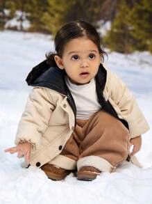 SHEIN Baby Girl Daily Casual Simple Warm Hooded Long Padded Coat, Clothes Suitable For Outings In Autumn And Winter - Apricot - View 3