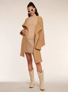 Glamine 2 件套女士休闲立领插肩袖简约毛衣和裙子套装，秋冬 - 卡其色 - 查看 3