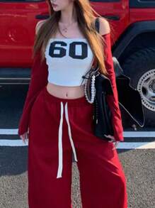 INAWLY 2pcs Women Spring/Autumn Digital Print Off-Shoulder Cropped Top And Drawstring Waist Wide Leg Pants Sets