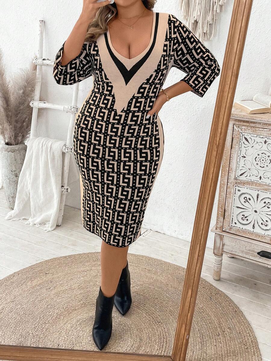 Flirla Plus Size Women Geometric Pattern V-Neck 3/4 Sleeve Fitted Elegant Knit Sweater Dress For Fall & Winter - Multicolor - View 1
