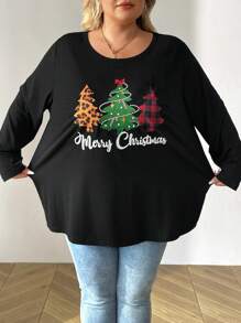 SHEIN CURVE+ Plus Size Christmas Tree Print Round Neck Long Sleeve T-Shirt, Casual Daily Wear - Black - View 5
