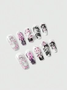 ROMWE Kawaii 10 件动漫女孩手绘可重复使用假指甲带果冻凝胶套装