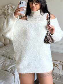 Flirla Plus Size Turtleneck Drop Shoulder Fluffy Sweater Knit Pullover Fall Winter - Beige - View 6