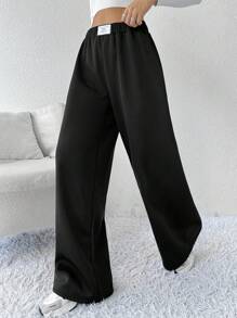SHEIN EZwear Spodnie dresowe damskie Plus Size z elastyczną talią i szerokimi nogawkami, czarne - Czarne - Zobacz 3