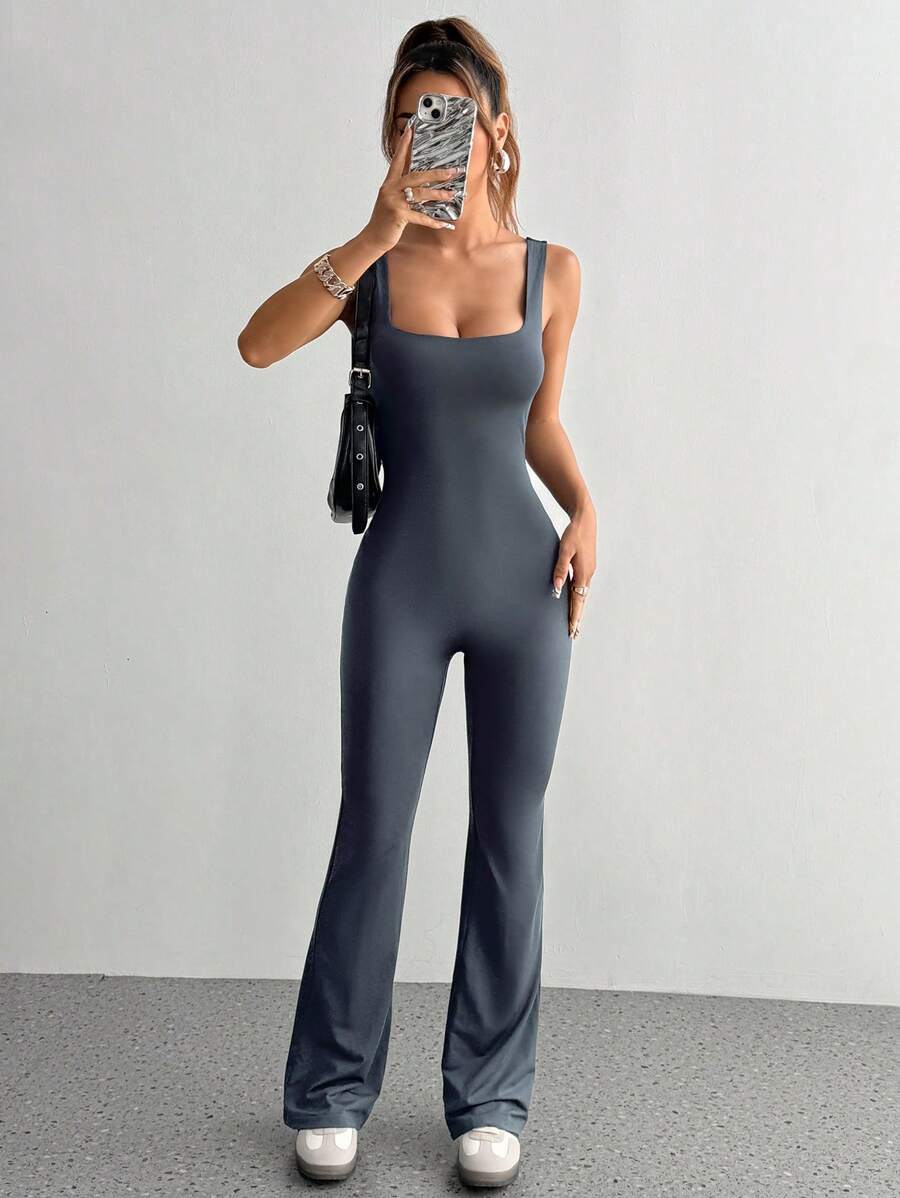 SHEIN Unity 女士低胸 V 领修身连身裤,简约设计 - 深灰色 - 查看 1