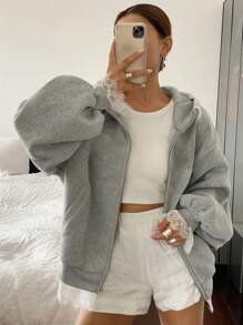 DAZY Women's Bowknot Lace Print Oversized Sweatshirt Zip Up Jacket - Grey - View 2