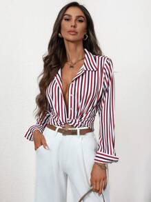 SHEIN Clasi 秋季休闲条纹纽扣衬衫